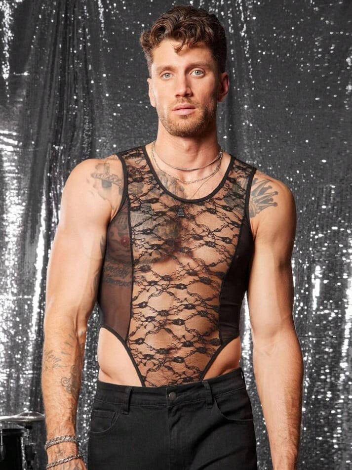 Uptown Funky Men's Sexy Mesh Lace See-Through Bodysuit